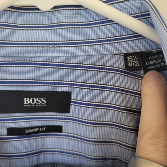 BOSS Hugo Boss Sharp Fit Blue Striped Dress Shirt Men's 16.5 34/35 - Picture 3 of 4